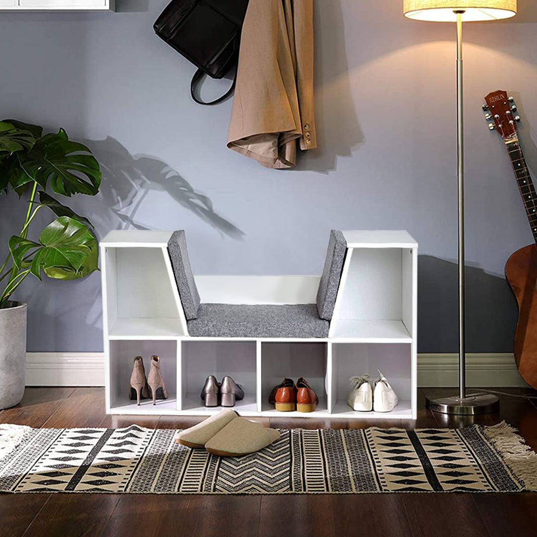 Storage shelf with seat and cushion