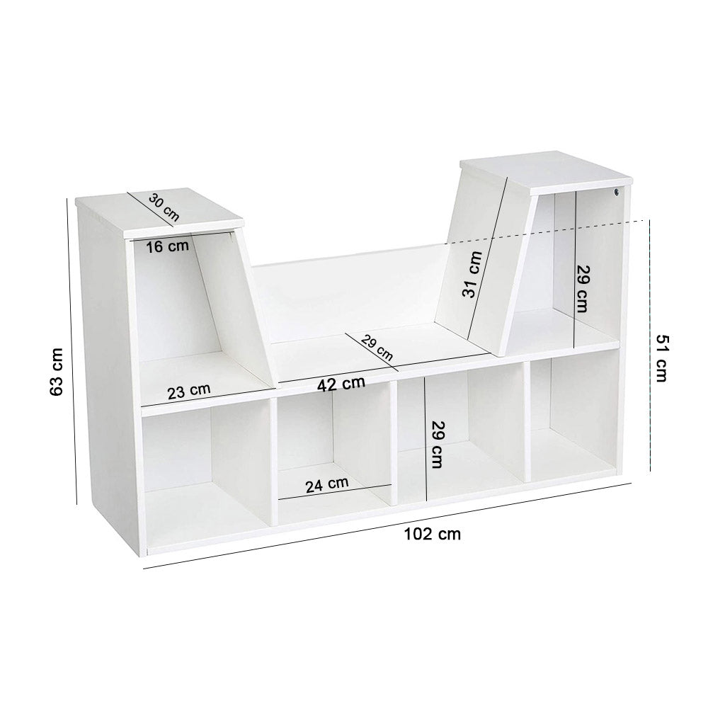 Storage shelf with seat and cushion